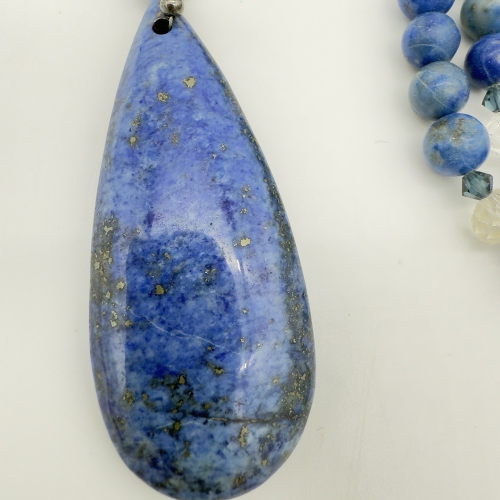 Vtg Artisan Lapis Lazuli Necklace Teardrop Pendant Statement Large Heavy